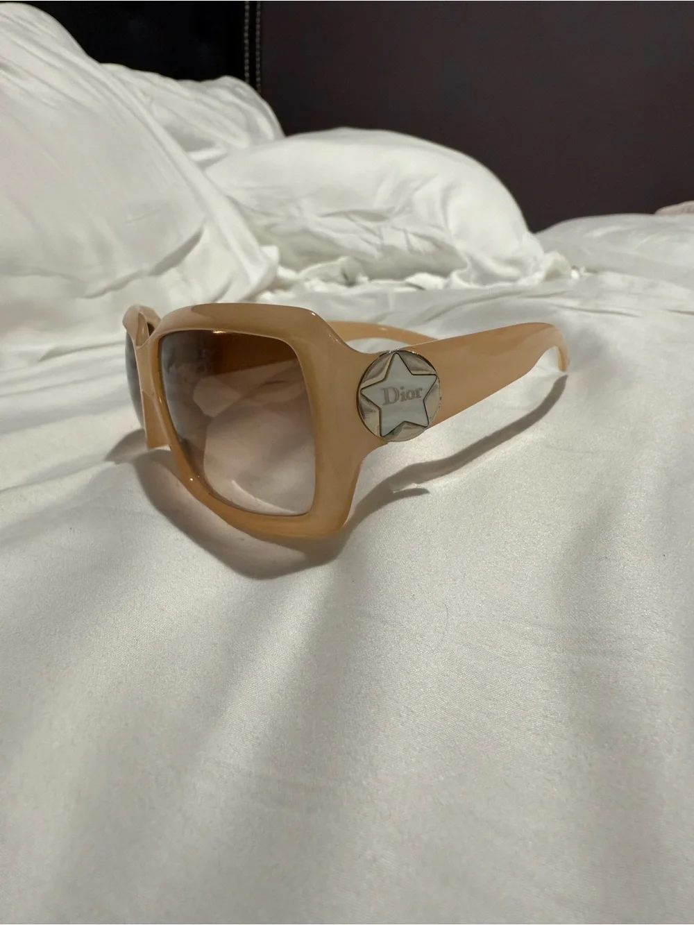 Authentic Vintage Dior Oversized Peach-Beige Square Sunglasses with Star Logo